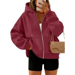 Women's Red Fashion Sweatshirts Hoodies Trendy Zip Up Outfits Fleece Clothes